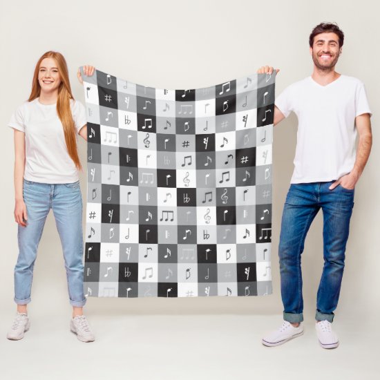 Grayscale music notes pattern fleece blanket