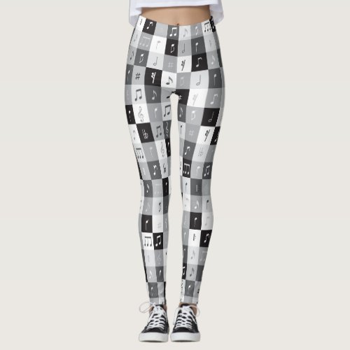 Grayscale music notes pattern leggings