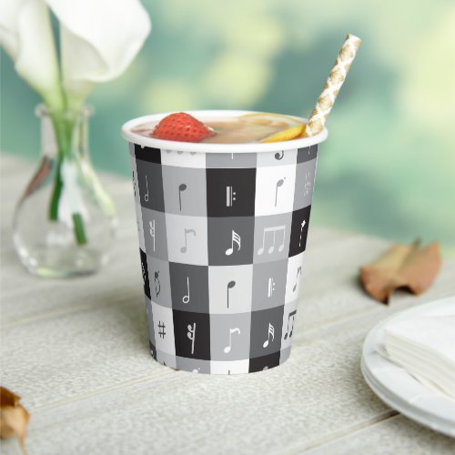 Grayscale music notes pattern paper cups