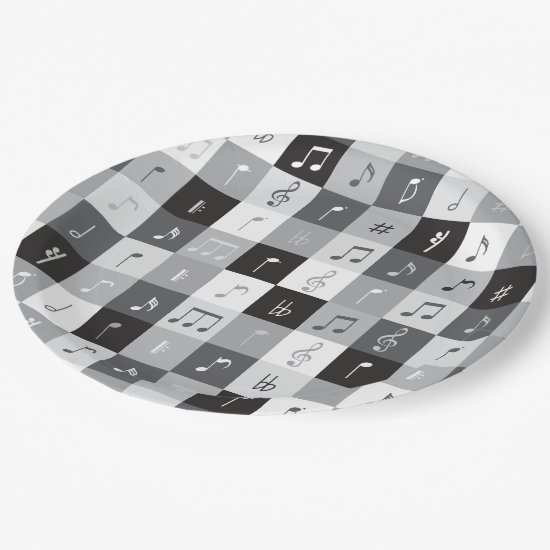 Grayscale music notes pattern paper plate