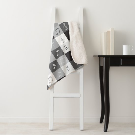 Grayscale music notes pattern sherpa blanket