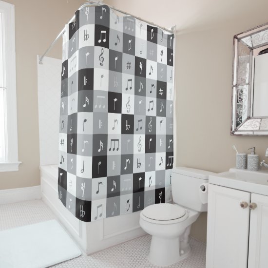Grayscale music notes pattern shower curtain