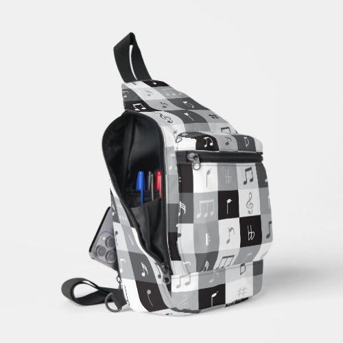 Grayscale music notes pattern sling bag