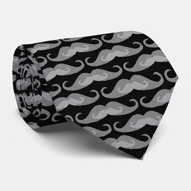 Grayscale Mustache Pattern | Black Background Tie (Rolled)