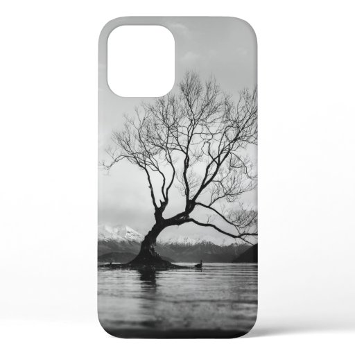 GRAYSCALE PHOTO OF BARE TREE ON CALM BODY OF WATER iPhone 12 CASE