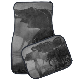 GRAYSCALE PHOTO OF ELEPHANTS DRINKING WATER CAR FLOOR MAT