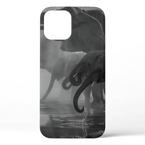 GRAYSCALE PHOTO OF ELEPHANTS DRINKING WATER iPhone 12 CASE