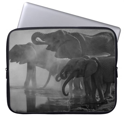GRAYSCALE PHOTO OF ELEPHANTS DRINKING WATER LAPTOP SLEEVE