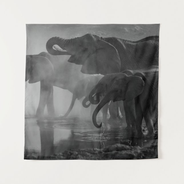 GRAYSCALE PHOTO OF ELEPHANTS DRINKING WATER TAPESTRY (Front)