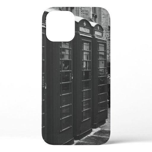 GRAYSCALE PHOTO OF FOUR TELEPHONE BOOTHS LINED UP iPhone 12 CASE