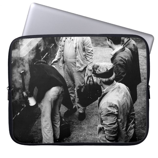 GRAYSCALE PHOTO OF MEN STANDING BESIDE 60163 TRAIN LAPTOP SLEEVE (Front)