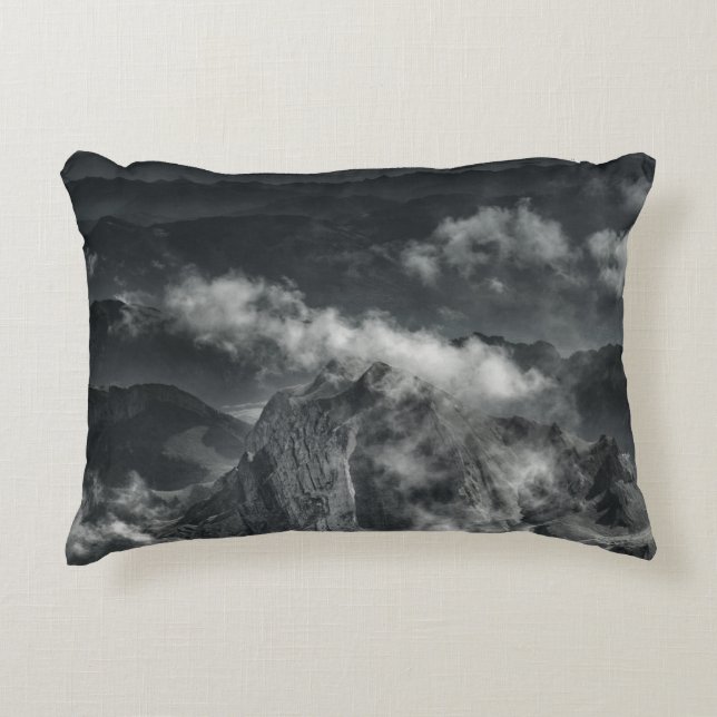 GRAYSCALE PHOTO OF MOUNTAIN RANGE ACCENT PILLOW (Front)