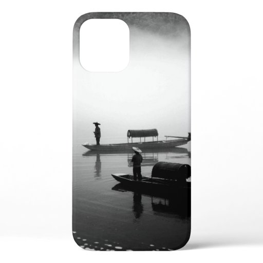 GRAYSCALE PHOTO OF TWO ROW BOATS iPhone 12 CASE