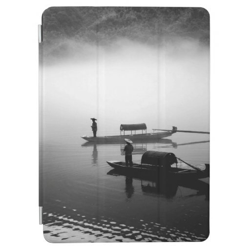 GRAYSCALE PHOTO OF TWO ROW BOATS iPad AIR COVER