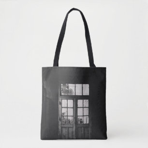 GRAYSCALE PHOTO OF WOODEN FRAMED CLEAR GLASS DOOR TOTE BAG
