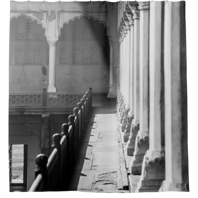 GRAYSCALE PHOTOGRAPHY OF CORRIDOR SHOWER CURTAIN (Front)