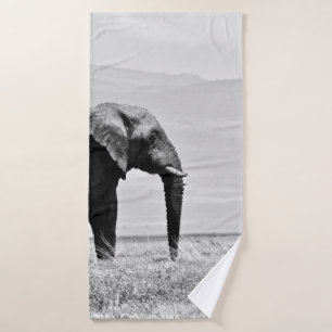 GRAYSCALE PHOTOGRAPHY OF ELEPHANT BATH TOWEL