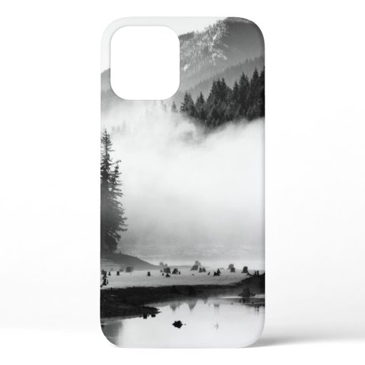GRAYSCALE PHOTOGRAPHY OF LAKE NEAR PINE TREES iPhone 12 CASE
