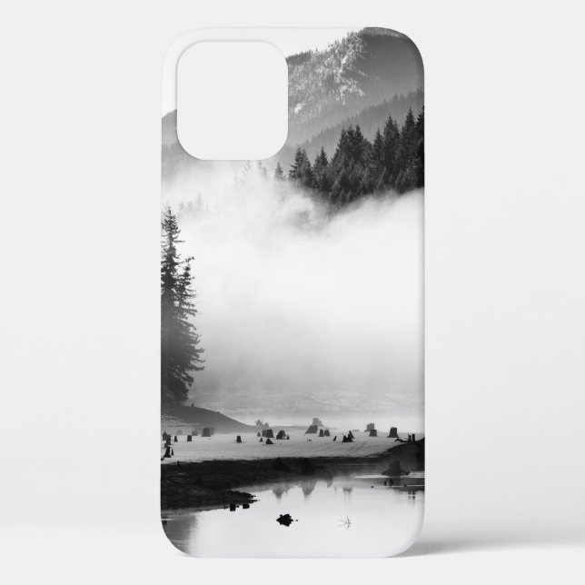 GRAYSCALE PHOTOGRAPHY OF LAKE NEAR PINE TREES Case-Mate iPhone CASE (Back)