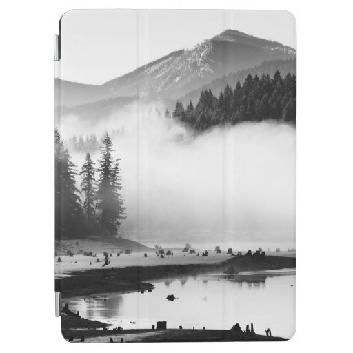 GRAYSCALE PHOTOGRAPHY OF LAKE NEAR PINE TREES iPad AIR COVER