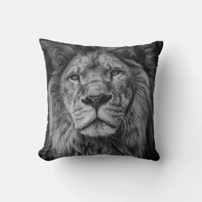 GRAYSCALE PHOTOGRAPHY OF LION THROW PILLOW (Front)