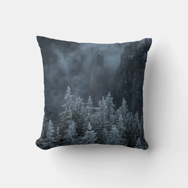 GRAYSCALE PHOTOGRAPHY OF MOUNTAIN AND TREES COVERE THROW PILLOW (Front)