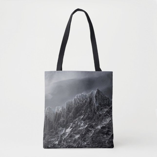 GRAYSCALE PHOTOGRAPHY OF MOUNTAIN TOTE BAG (Front)