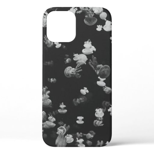GRAYSCALE PHOTOGRAPHY OF SHOAL OF JELLYFISH iPhone 12 CASE