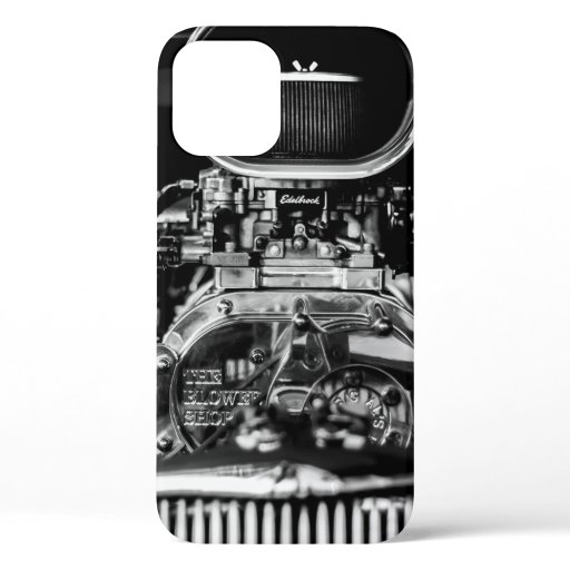 GRAYSCALE PHOTOGRAPHY OF VINTAGE CAR ENGINE iPhone 12 CASE
