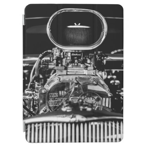 GRAYSCALE PHOTOGRAPHY OF VINTAGE CAR ENGINE iPad AIR COVER