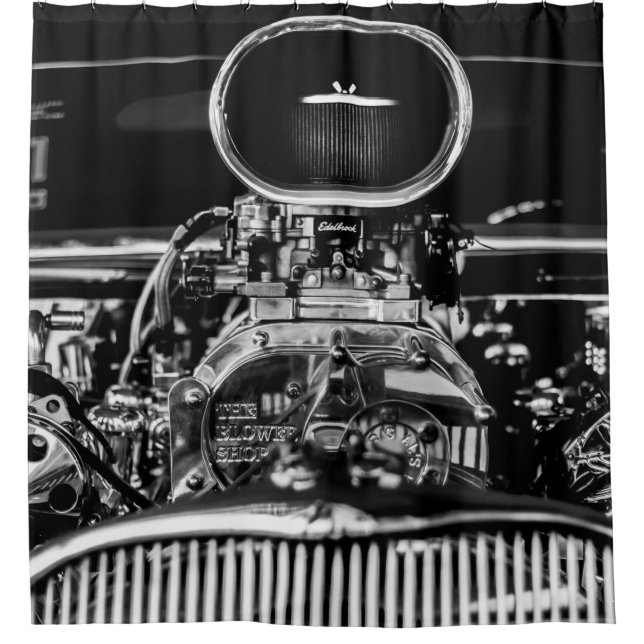 GRAYSCALE PHOTOGRAPHY OF VINTAGE CAR ENGINE SHOWER CURTAIN (Front)