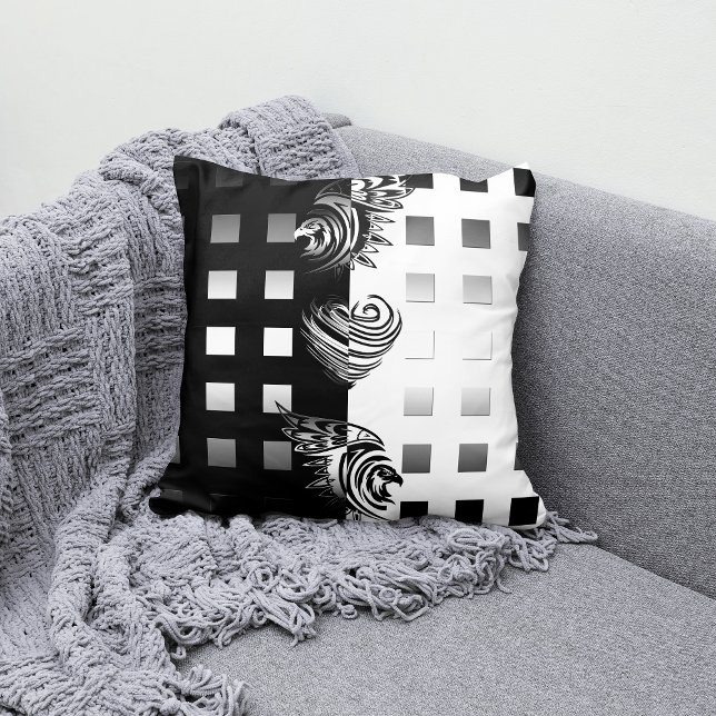 Grayscale Plaid Eagle Heart  Throw Pillow (Creator Uploaded)