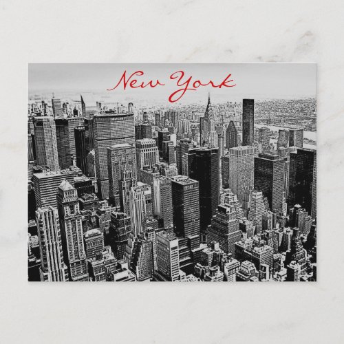 Grayscale Red Script New York City Night Post Card