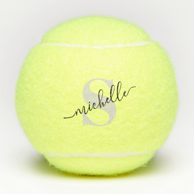 Grayscale Script Modern Monogram Personalized Tennis Balls (Front)