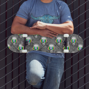 Grayscale Skull Pattern Neon Accent Edgy Street  Skateboard