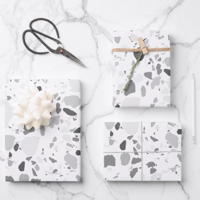 Grayscale Terrazzo Handmade Pattern Wrapping Paper Sheets (Front)