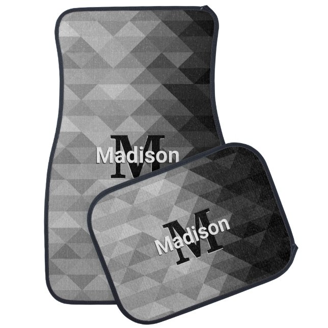 Grayscale triangle geometric squares Monogram  Car Floor Mat (Set)