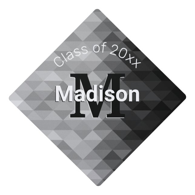 Grayscale triangle geometric squares Monogram Graduation Cap Topper (Front)
