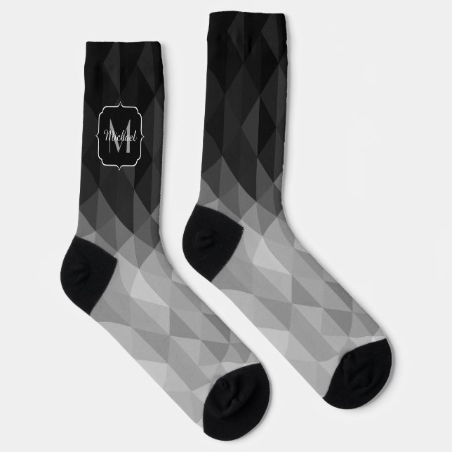 Grayscale triangle geometry gray pattern Monogram Socks (Right)
