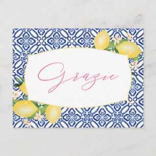 Grazie Italian Lemons Blue Tiles Shower Thank You Postcard