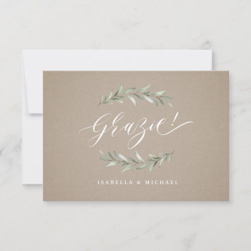 Grazie Kraft Simple calligraphy rustic greenery Thank You Card