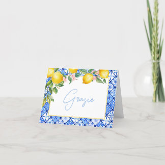Grazie Lemons Italian Blue Tiles Bridal Shower Thank You Card