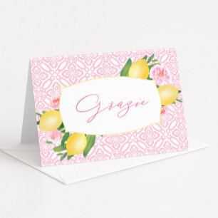 Grazie Pink Tile Watercolor Lemons Baby Shower Letterpress Thank You Card
