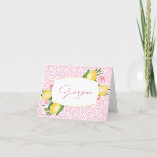 Grazie Pink Tile Watercolor Lemons Baby Shower Thank You Card