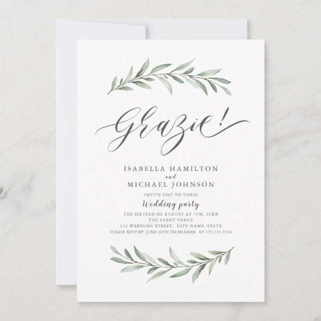 Grazie! Simple Rustic Greenery Wedding Invitation (Front)
