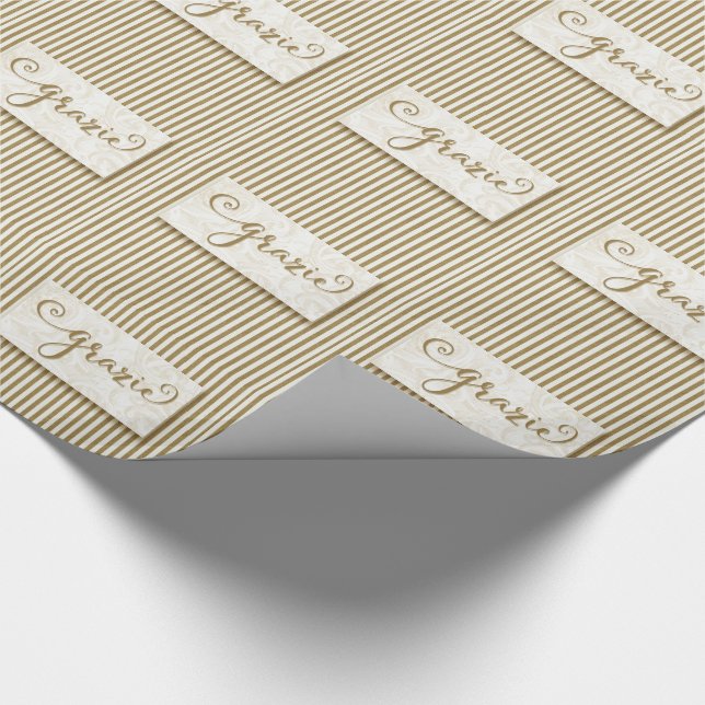Grazie Typography with Soft Taupe Cream Stripes Wrapping Paper (Corner)
