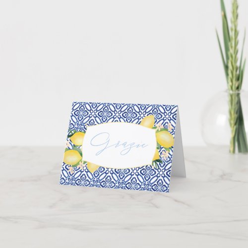 Grazie Watercolor Lemons Blue Italian Tiles Thank You Card