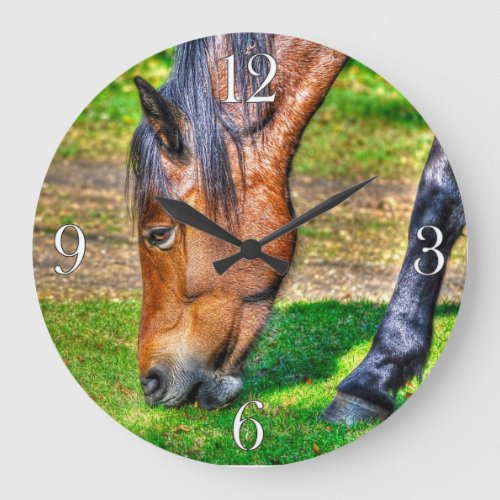 Grazing Bay Pony Equine Photo Horse_lovers Large Clock