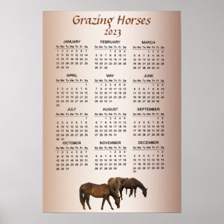 Grazing Brown Horses 2023 Animal Calendar Poster
