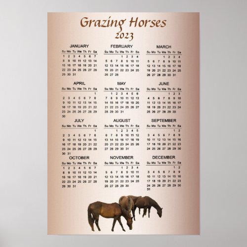 Grazing Brown Horses 2023 Animal Calendar Poster
